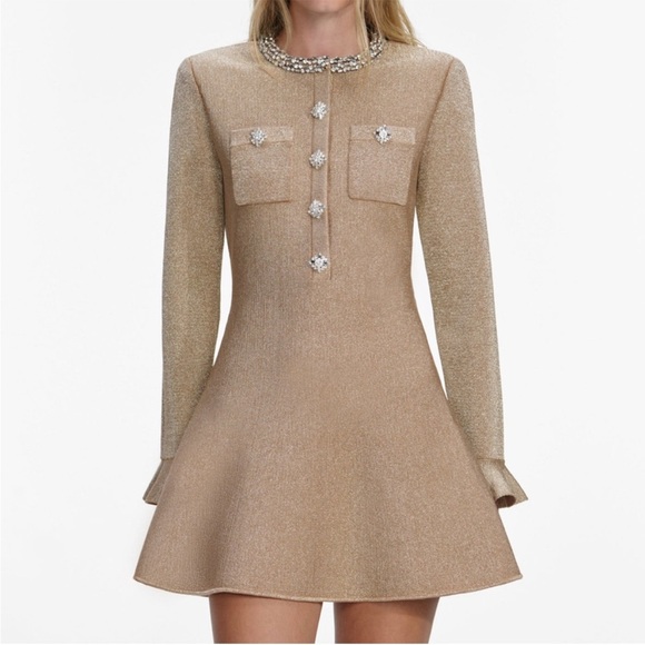 Self-Portrait NWOT GOLD CRYSTAL TRIM KNIT MINI DRESS - Picture 2 of 7